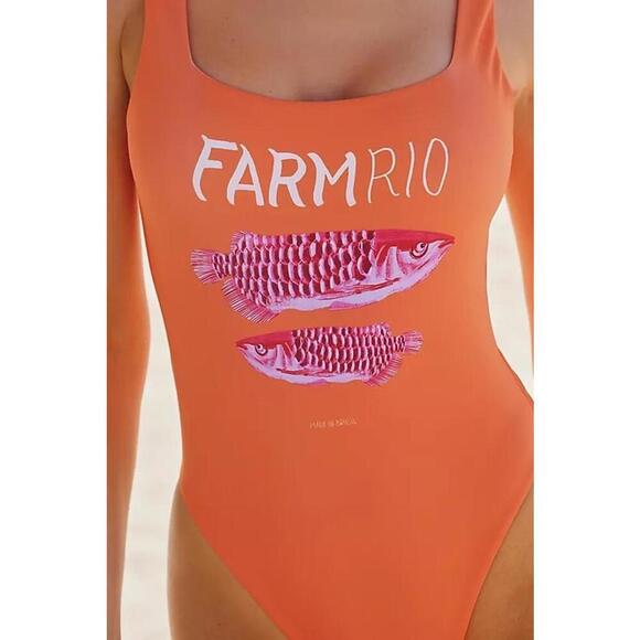 Farm Rio Swimwear High-Leg One-Piece Swimsuit Sleeveless Women's Size XL Orange - Picture 3 of 3
